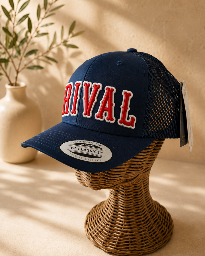 🏙️ Rival – Boston 3D Puff · Red fill · White outline · Dark navy curved trucker | Hand Finished in Dubai | EmbroMania
