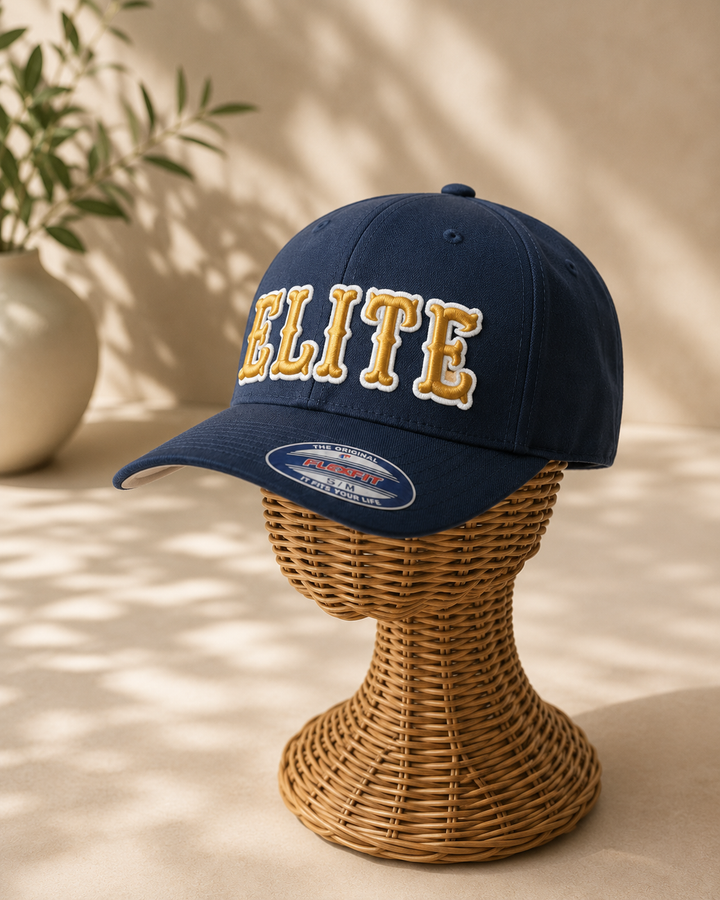 🎓 Senate – Boston 3D Puff · Gold fill · White outline · Navy Flexfit curved | Hand Finished in Dubai | EmbroMania
