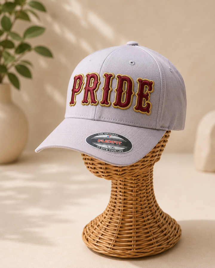 ☁️ Silver – Boston 3D Puff · Maroon fill · Gold outline · Light grey Flexfit curved | Hand Finished in Dubai | EmbroMania