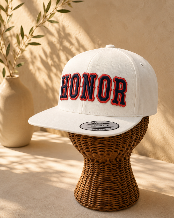 ⚡ Strike – Boston 3D Puff · Navy fill · Red outline · All white snapback | Hand Finished in Dubai | EmbroMania