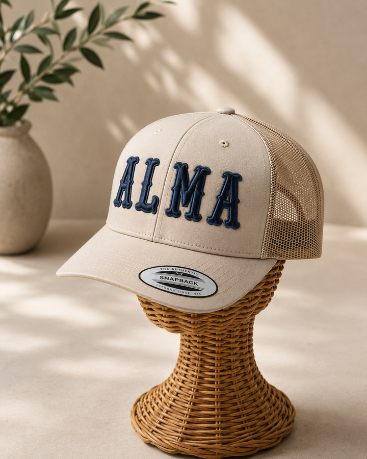 Warm Classic – Boston 3D Puff · Navy fill · Beige retro trucker | Hand Finished in Dubai | EmbroMania