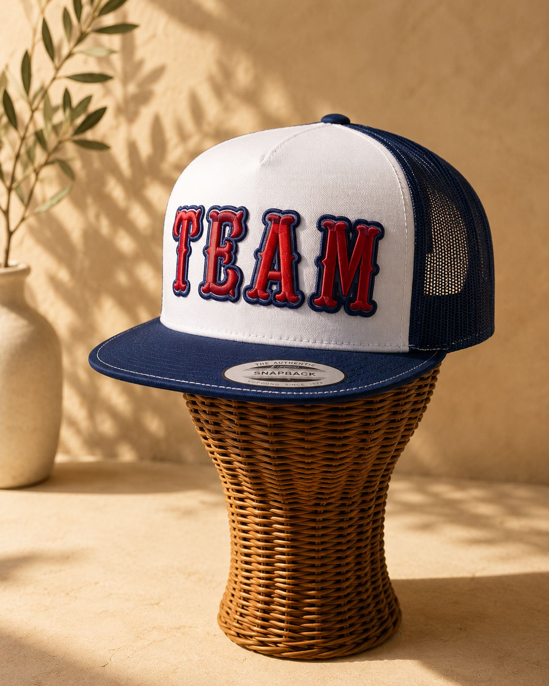🌊 Wave – Boston 3D Puff · Red fill · Navy outline · Navy/white two-tone flat trucker | Hand Finished in Dubai | EmbroMania