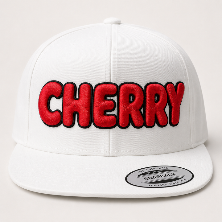 🔴⚫ Cherry Pop – Bubble Pop 3D Puff · Red fill · Black outline · White Snapback | Hand Finished in Dubai | EmbroMania