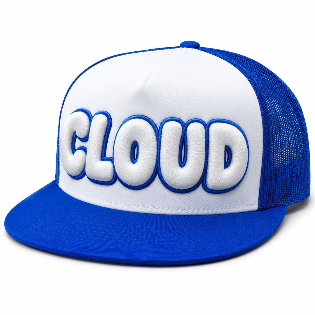 ⚪🔵 Cloud Nine – Bubble Pop 3D Puff · White fill · Royal Blue outline · White/Royal Blue Two-Tone Trucker | Hand Finished in Dubai | EmbroMania