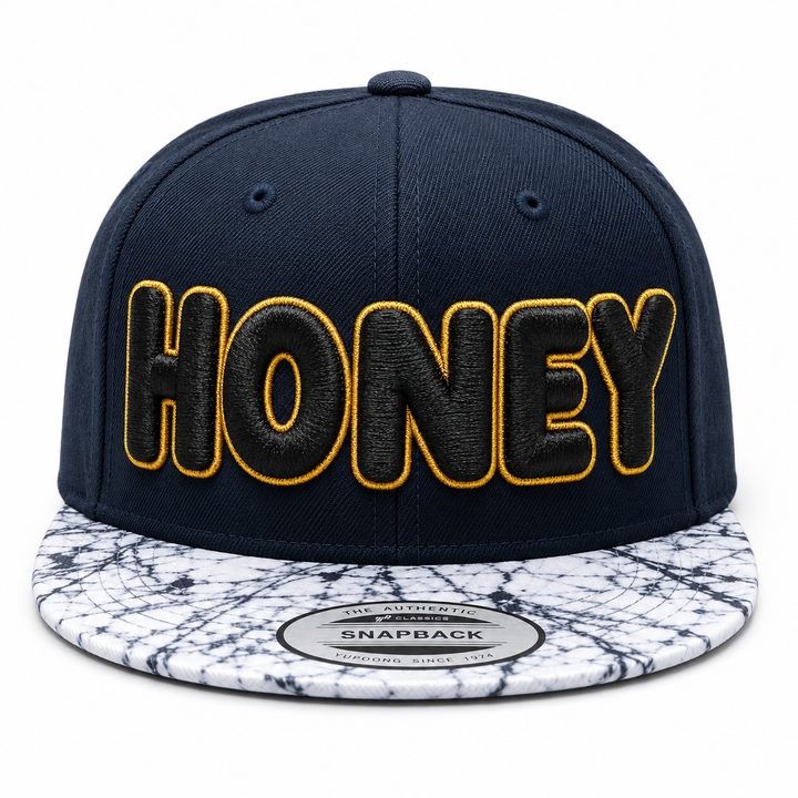 ⚫🟡 Dark Honey – Bubble Pop 3D Puff · Black fill · Gold outline · Navy Marble Snapback | Hand Finished in Dubai | EmbroMania