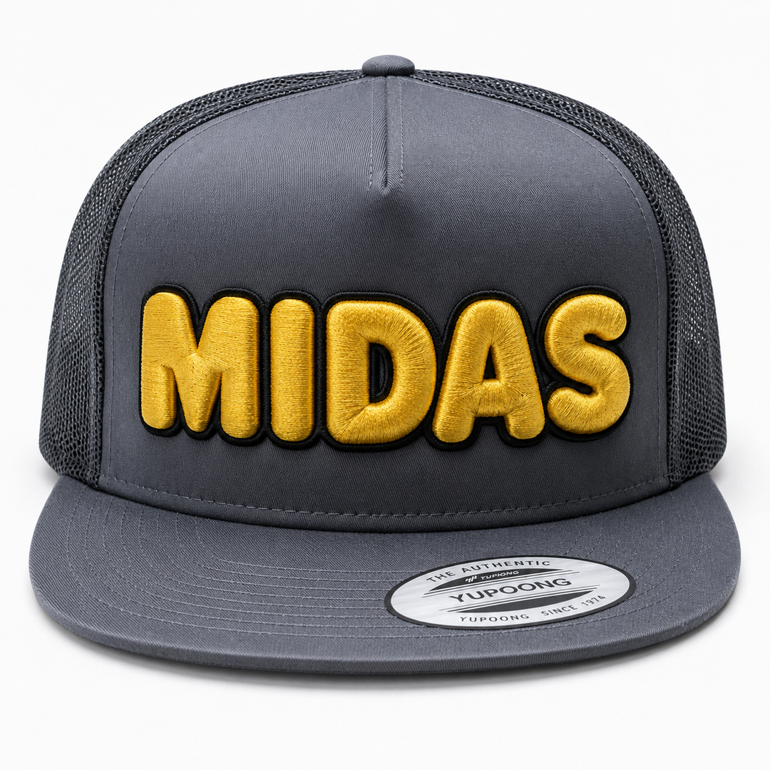 🟡⚫ Midas – Bubble Pop 3D Puff · Gold fill · Black outline · Charcoal Snapback | Hand Finished in Dubai | EmbroMania