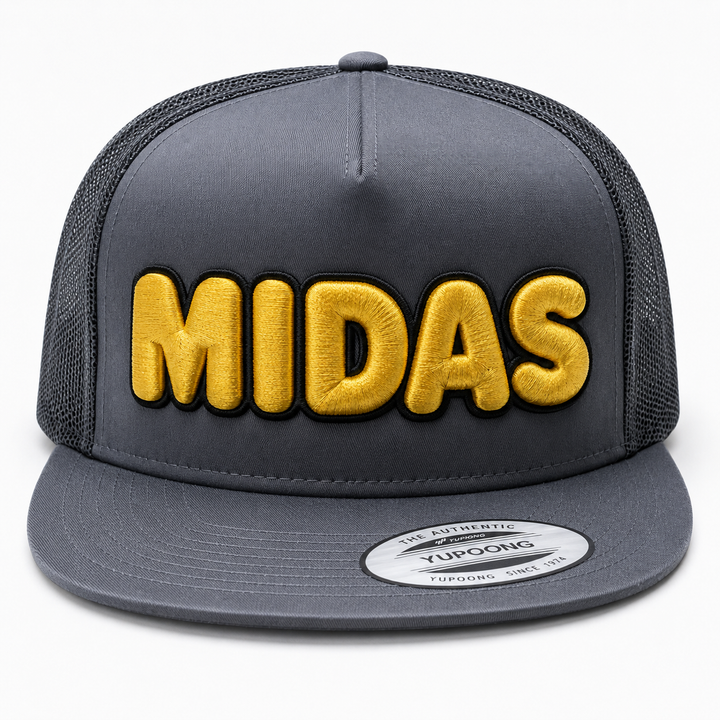 🟡⚫ Midas – Bubble Pop 3D Puff · Gold fill · Black outline · Charcoal Snapback | Hand Finished in Dubai | EmbroMania