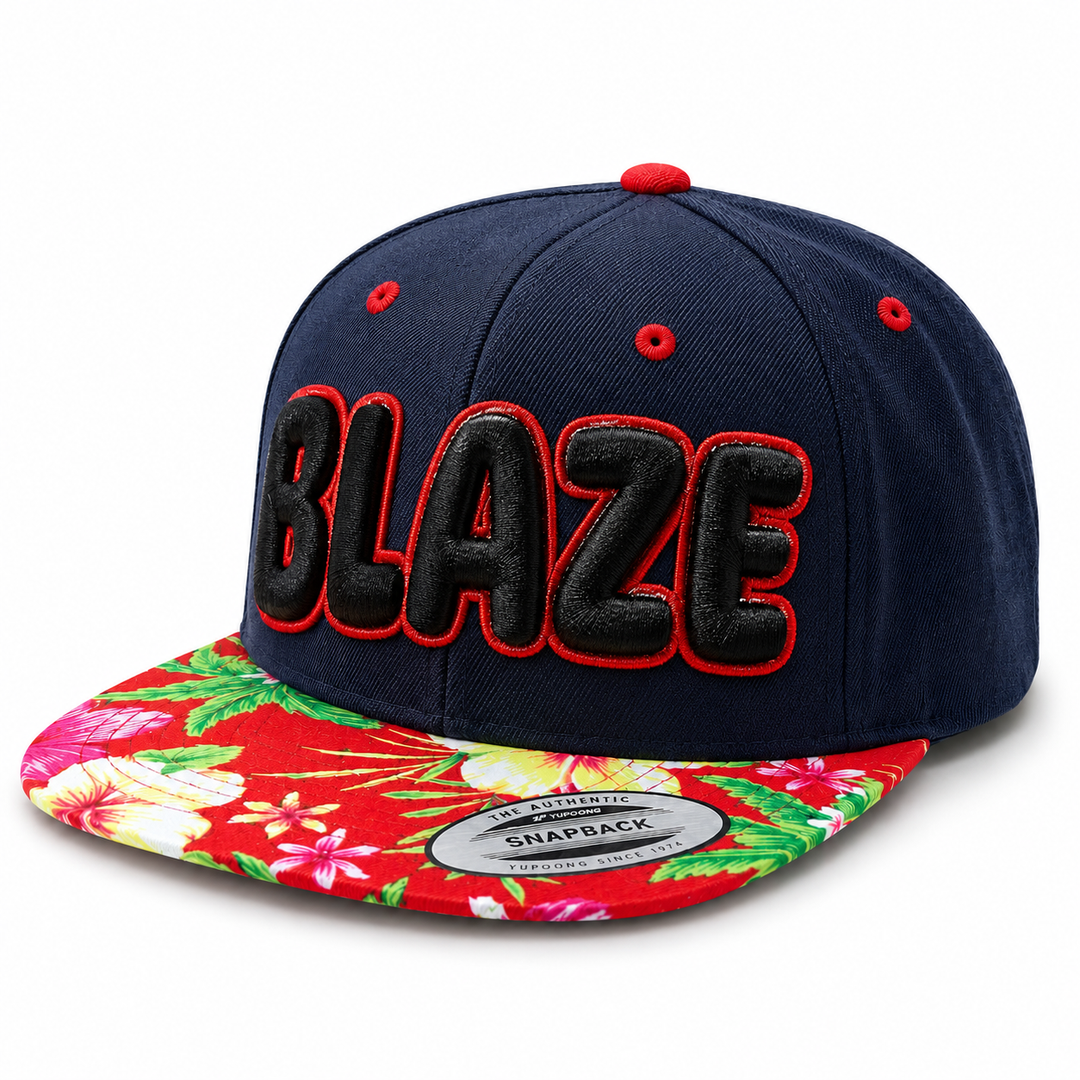 ⚫🔴 Midnight Flame – Bubble Pop 3D Puff · Black fill · Red outline · Navy Floral Brim Snapback | Hand Finished in Dubai | EmbroMania