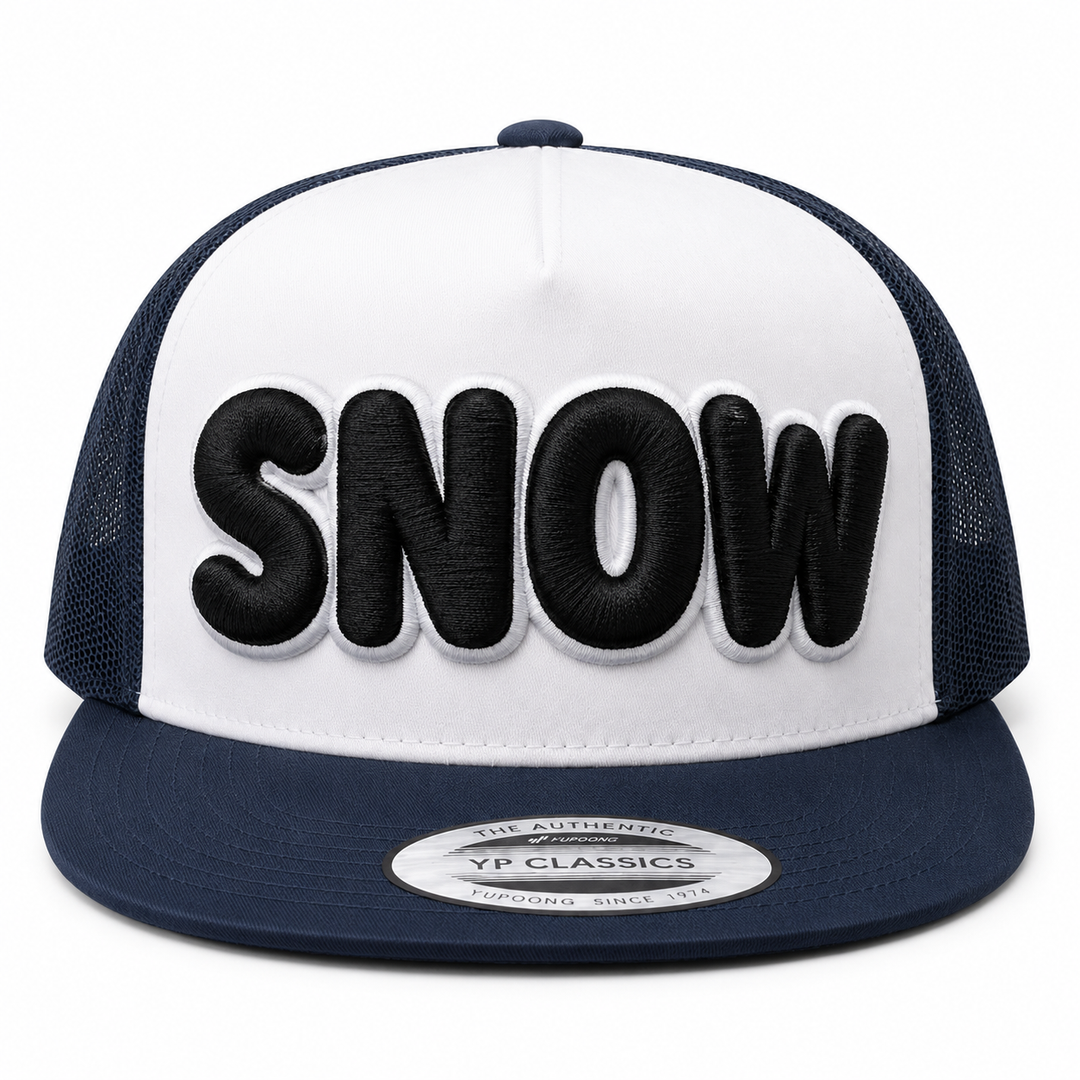 ⚫⚪ Midnight Snow – Bubble Pop 3D Puff · Black fill · White outline · White/Navy Two-Tone Trucker | Hand Finished in Dubai | EmbroMania