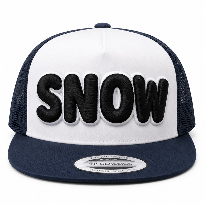 ⚫⚪ Midnight Snow – Bubble Pop 3D Puff · Black fill · White outline · White/Navy Two-Tone Trucker | Hand Finished in Dubai | EmbroMania