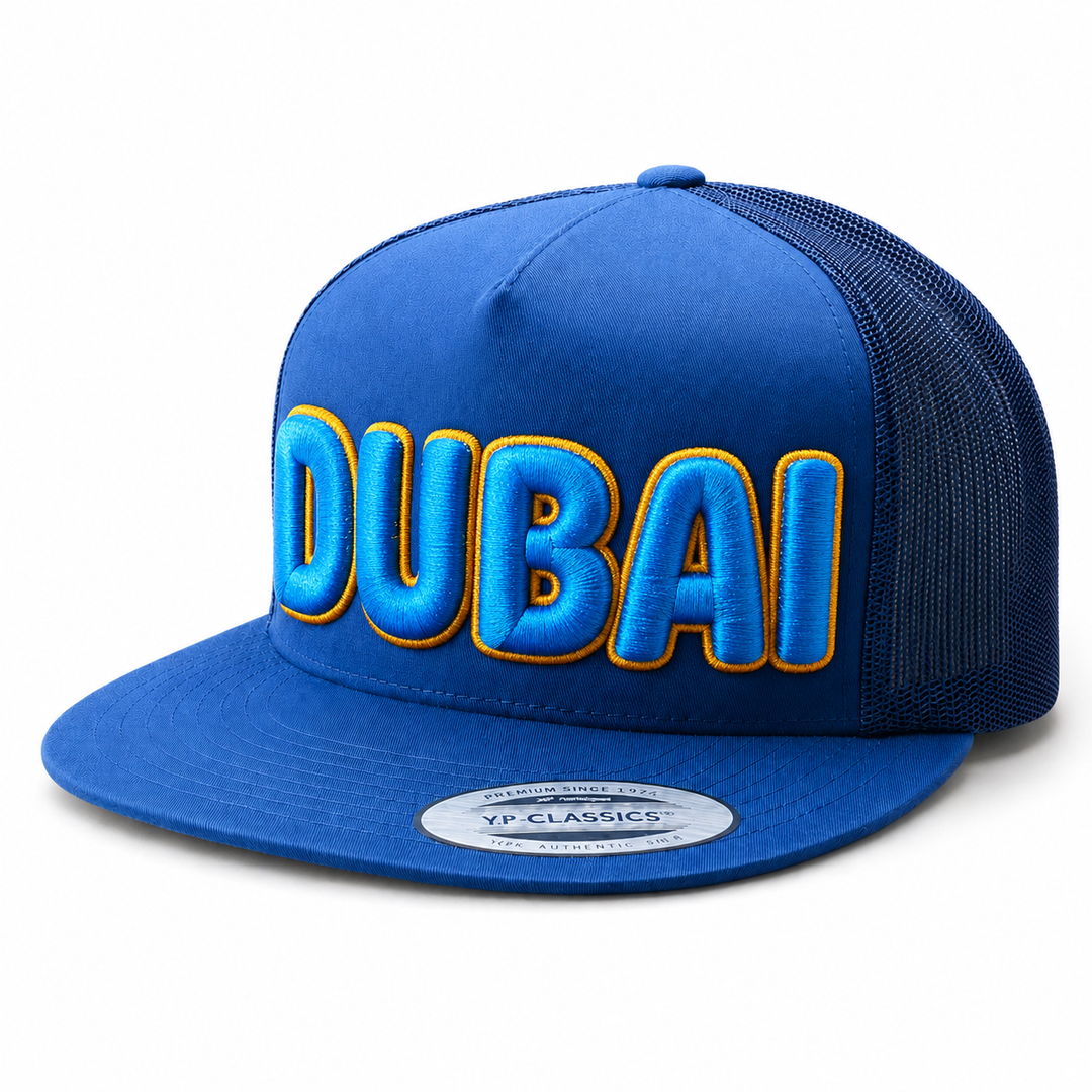 🔵🟡 Ocean Gold – Bubble Pop 3D Puff · Royal Blue fill · Gold outline · Royal Blue Solid Trucker | Hand Finished in Dubai | EmbroMania