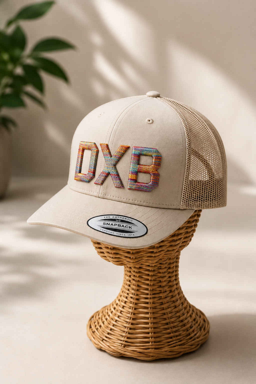 🌈 Carnival – Metro Block 3D Puff · Red orange yellow teal blue purple multicolour · Sand beige retro trucker | Hand Finished in Dubai | EmbroMania
