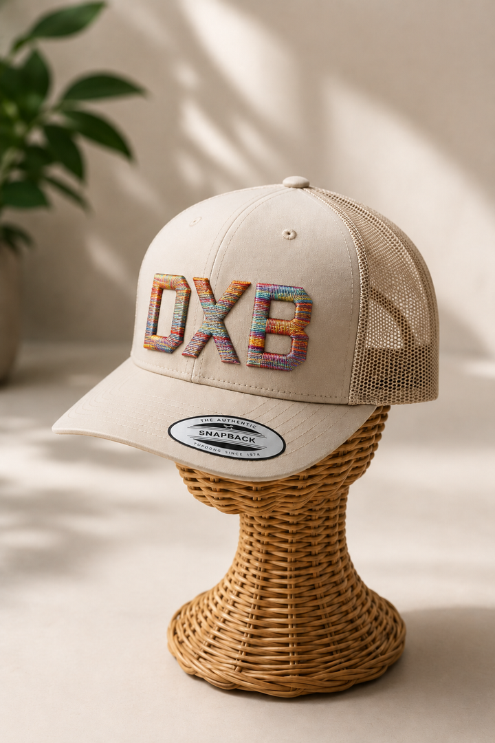 🌈 Carnival – Metro Block 3D Puff · Red orange yellow teal blue purple multicolour · Sand beige retro trucker | Hand Finished in Dubai | EmbroMania