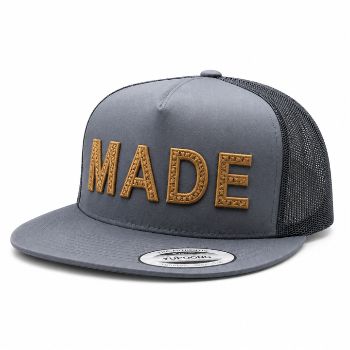 CenterCross Stitch 3D Puff – CREATE · Blue Trucker + White Thread · Cap Front Panel | Hand Finished in Dubai | EmbroMania