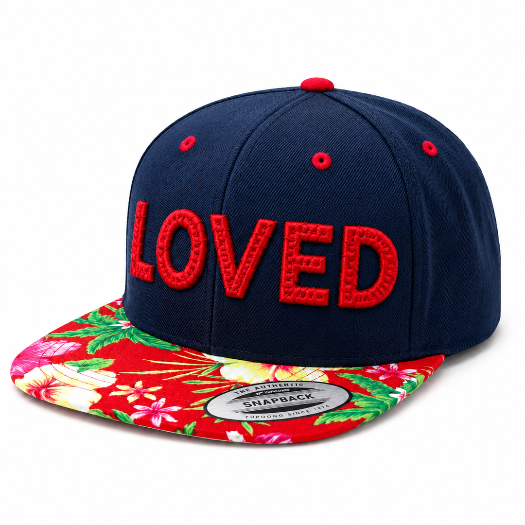 CenterCross Stitch 3D Puff – LOVED · Navy Snapback + Red Thread · Hero Shot | Hand Finished in Dubai | EmbroMania