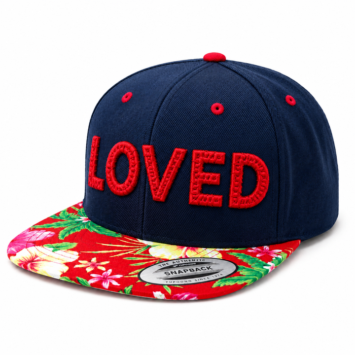 CenterCross Stitch 3D Puff – LOVED · Navy Snapback + Red Thread · Hero Shot | Hand Finished in Dubai | EmbroMania