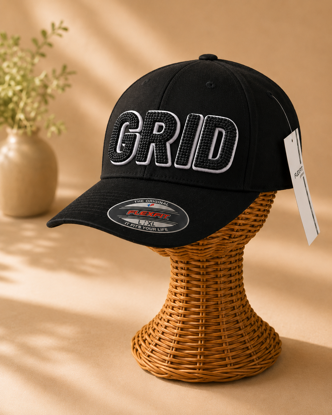 Architect – ChainPop 3D Puff · White puff · Black chain stitch on top · Black Flexfit fitted | Hand Finished in Dubai | EmbroMania