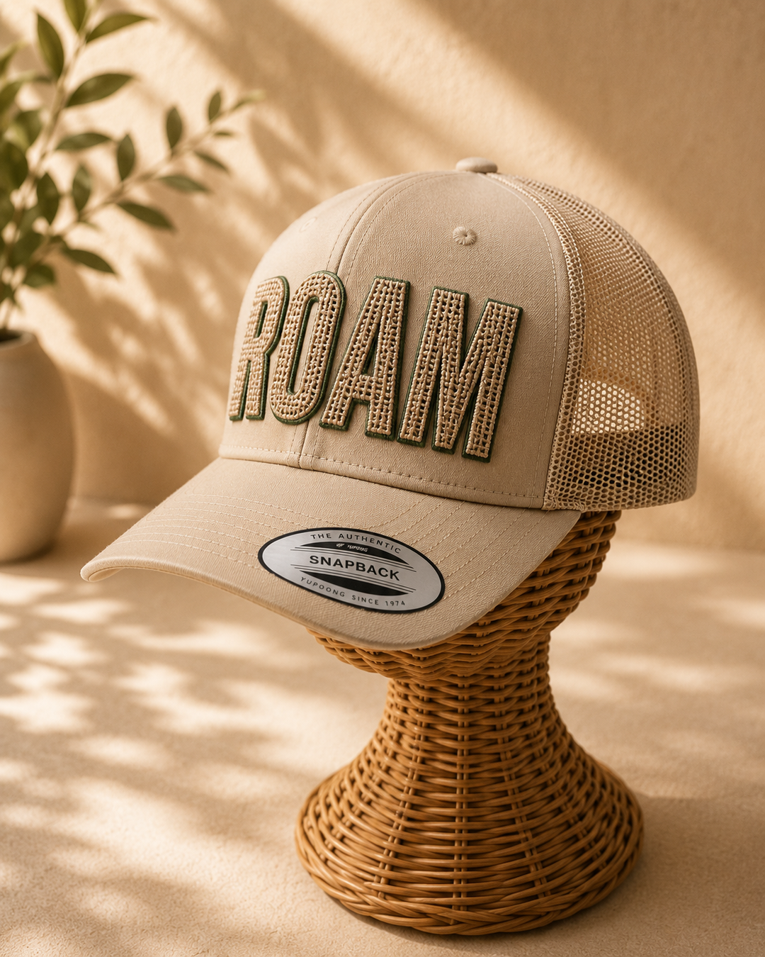 Dusk – ChainPop 3D Puff · Forest green puff · Sand chain stitch on top · Sand beige retro trucker | Hand Finished in Dubai | EmbroMania