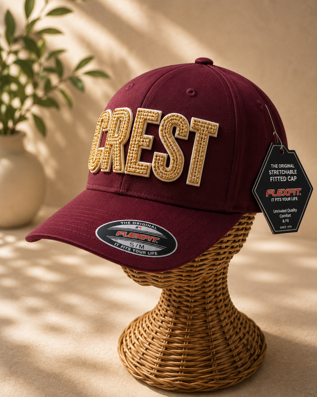 Gilded – ChainPop 3D Puff · Cream puff · Gold chain stitch on top · Burgundy Flexfit | Hand Finished in Dubai | EmbroMania