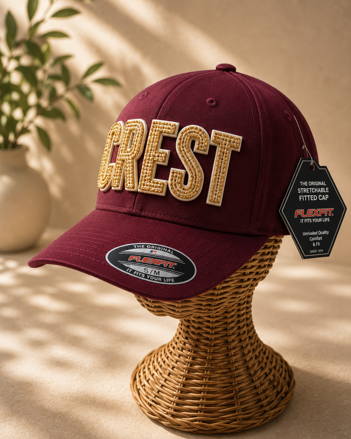 Gilded – ChainPop 3D Puff · Cream puff · Gold chain stitch on top · Burgundy Flexfit | Hand Finished in Dubai | EmbroMania