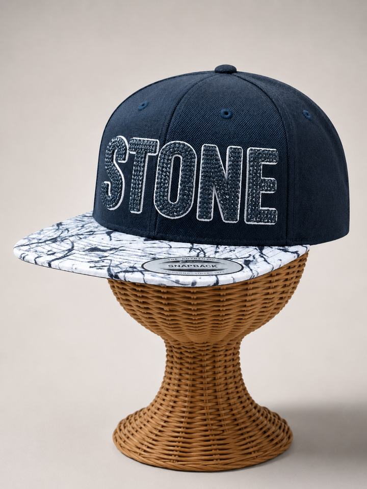 Marble King – ChainPop 3D Puff · White puff · Navy chain stitch on top · Navy crown marble brim snapback | Hand Finished in Dubai | EmbroMania