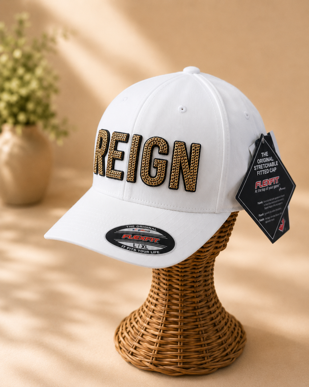 Shadow Gold – ChainPop 3D Puff · Black puff · Gold chain stitch on top · White Flexfit fitted | Hand Finished in Dubai | EmbroMania