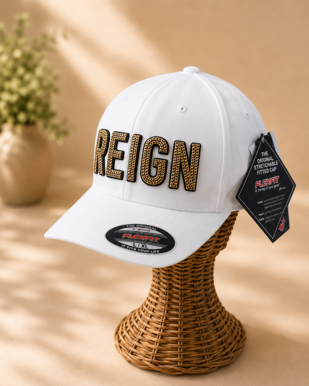 Shadow Gold – ChainPop 3D Puff · Black puff · Gold chain stitch on top · White Flexfit fitted | Hand Finished in Dubai | EmbroMania