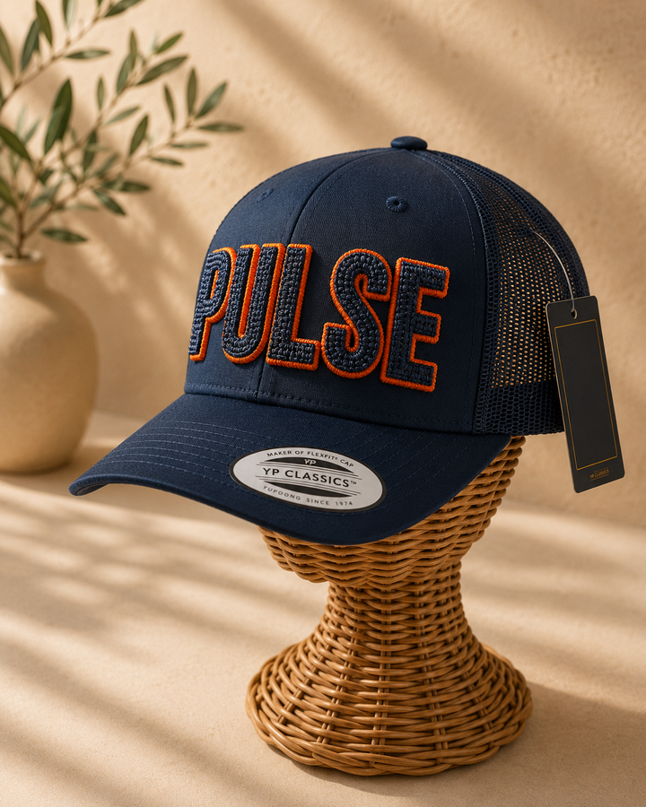 Signal – ChainPop 3D Puff · Orange puff · Navy chain stitch on top · Dark navy curved trucker | Hand Finished in Dubai | EmbroMania