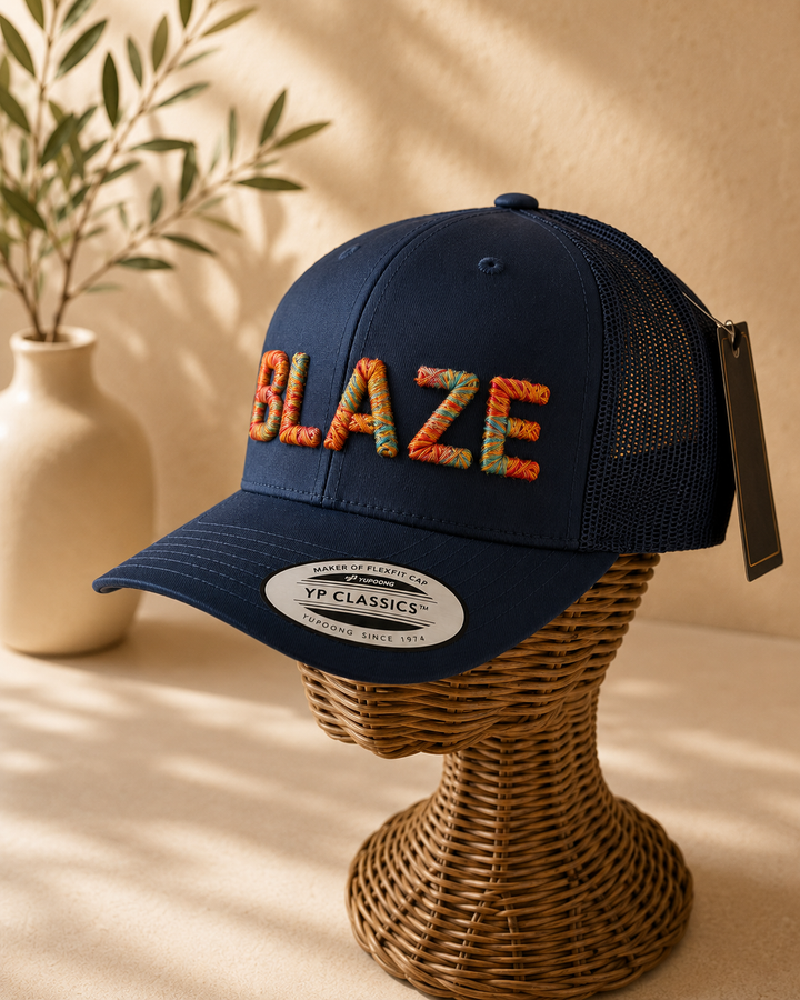 🔥 Blaze – Chunky Rope 3D Puff · Ember fire rope thread · Dark navy curved trucker | Hand Finished in Dubai | EmbroMania