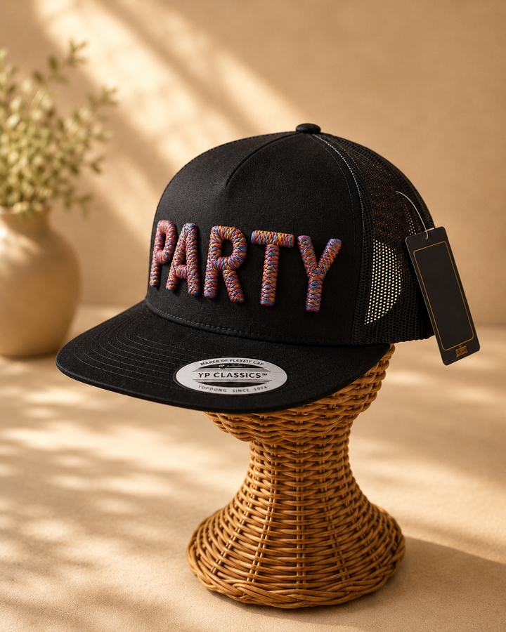 🌈 Carnival – Chunky Rope 3D Puff · Rainbow multicolour rope thread · Black flat trucker | Hand Finished in Dubai | EmbroMania