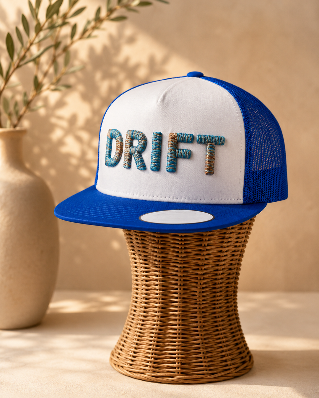 🌊 Drift – Chunky Rope 3D Puff · Driftwood coastal rope thread · Slate blue flat trucker | Hand Finished in Dubai | EmbroMania