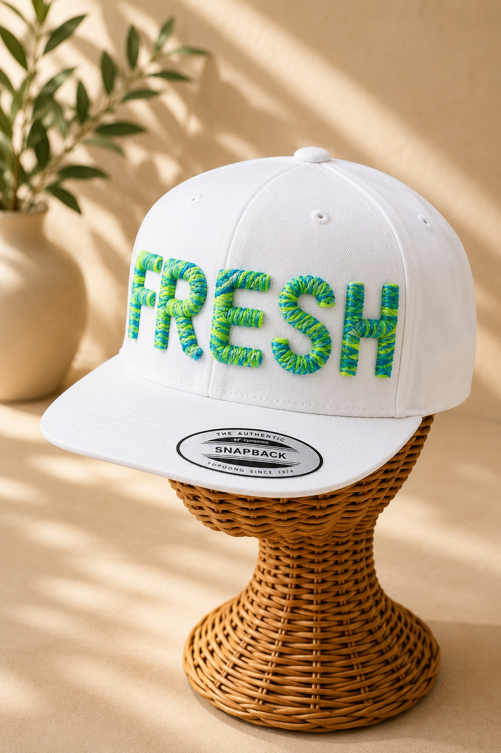 🤍 Frost – Chunky Rope 3D Puff · Reef lime sky blue rope thread · All white snapback | Hand Finished in Dubai | EmbroMania