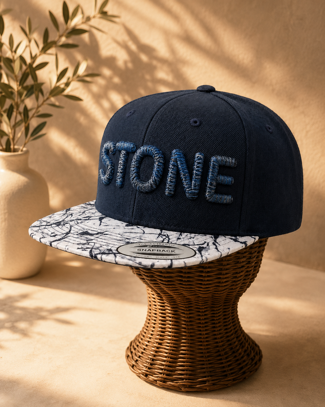 🌙 Marble – Chunky Rope 3D Puff · Abyss deep blue rope thread · Navy crown marble brim | Hand Finished in Dubai | EmbroMania