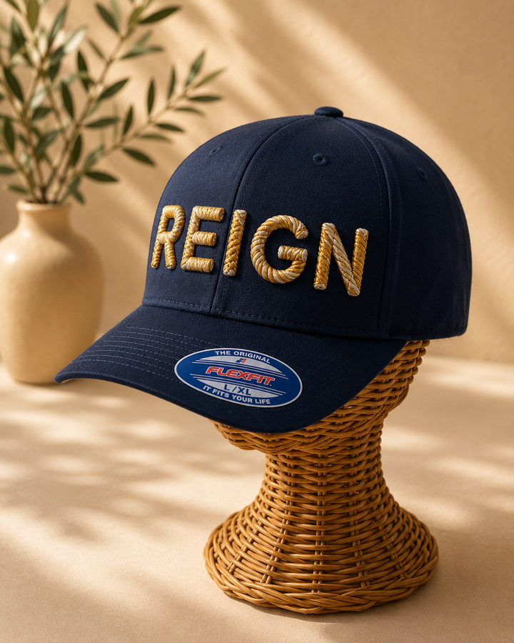 👑 Regent – Chunky Rope 3D Puff · Sovereign gold rope thread · Navy Flexfit curved | Hand Finished in Dubai | EmbroMania