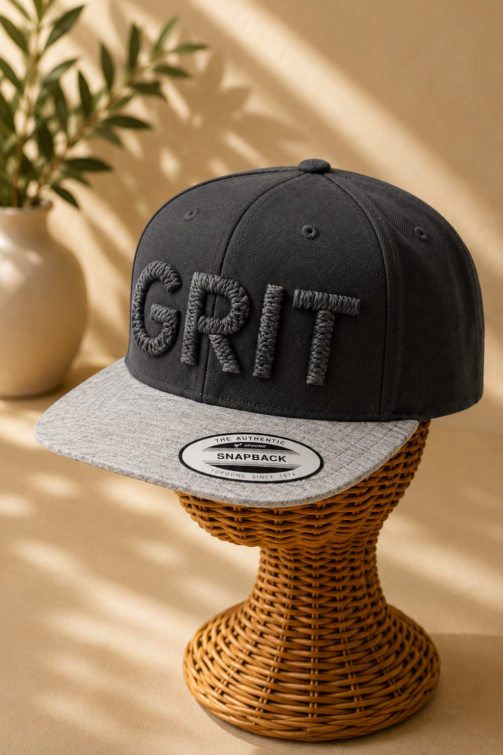 ⚫ Storm – Chunky Rope 3D Puff · Shadow monochrome rope thread · Charcoal grey snapback | Hand Finished in Dubai | EmbroMania