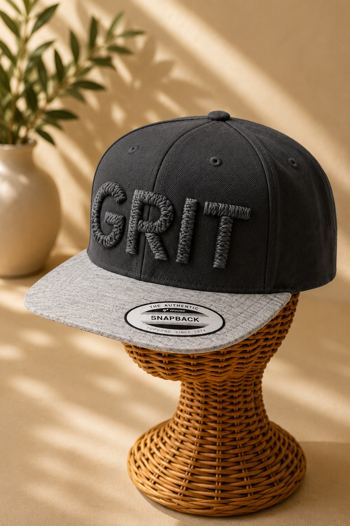 ⚫ Storm – Chunky Rope 3D Puff · Shadow monochrome rope thread · Charcoal grey snapback | Hand Finished in Dubai | EmbroMania