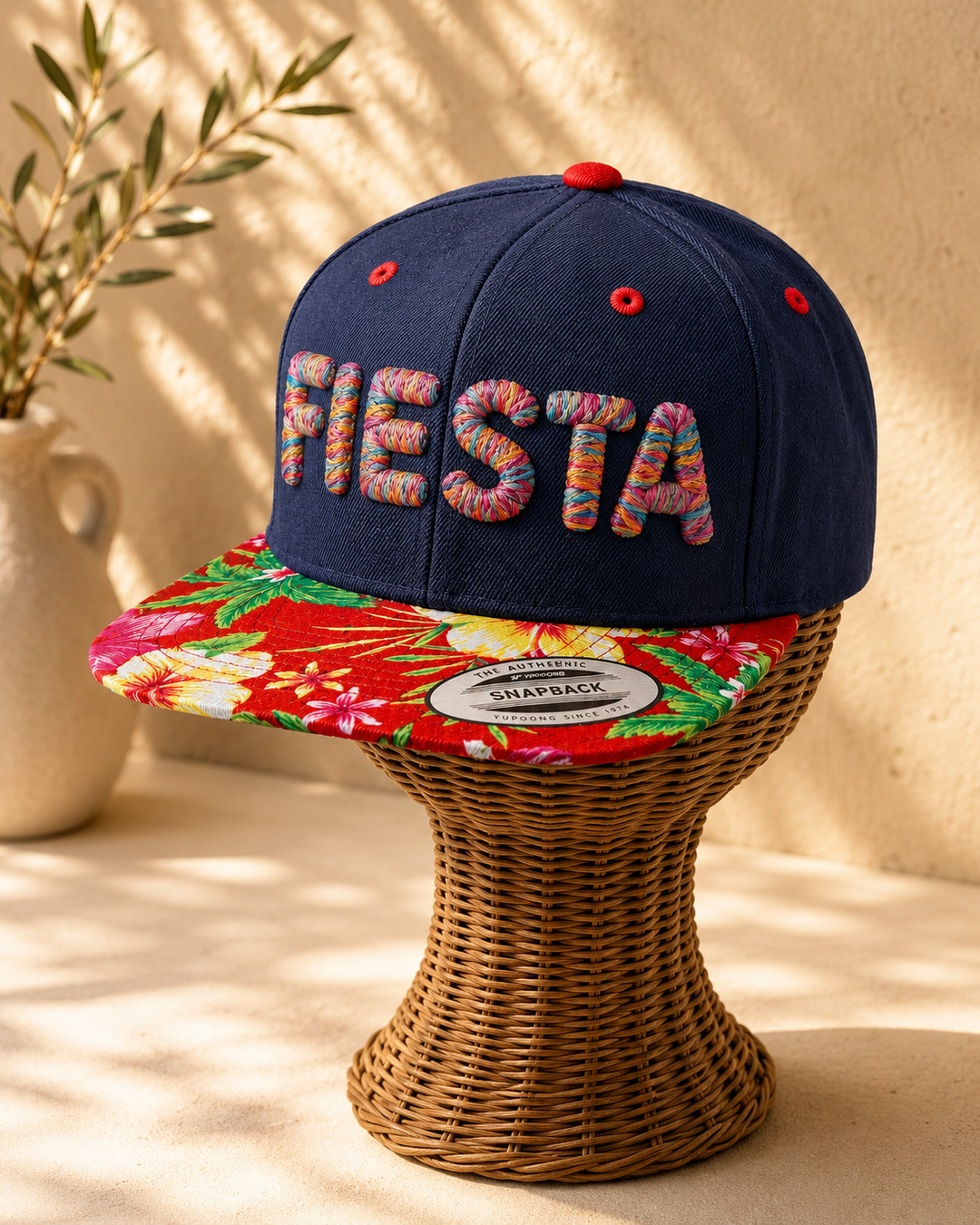 🌺 Tropicana – Chunky Rope 3D Puff · Carnival rainbow rope thread · Navy crown tropical floral brim | Hand Finished in Dubai | EmbroMania