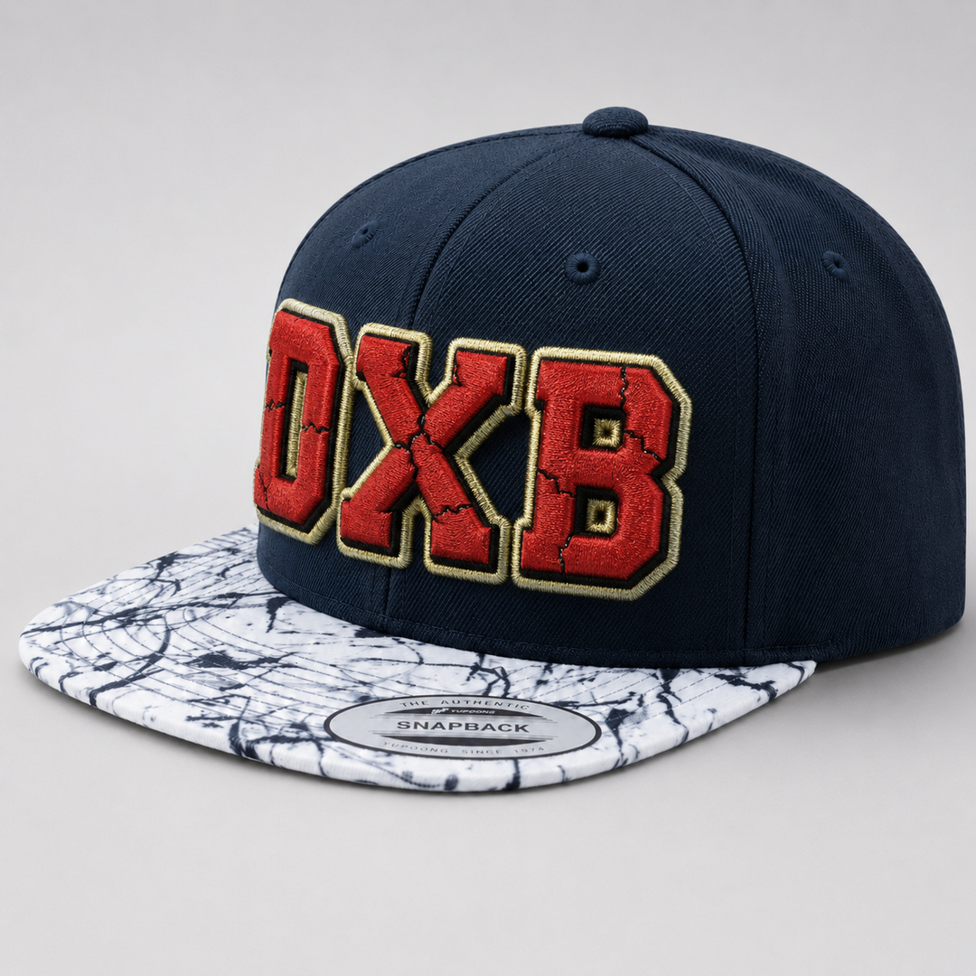 👑 Crimson Crown – Cracked 3D Puff · Red fill · Pale chartreuse yellow-green ivory outline · Navy crown marble brim snapback | Hand Finished in Dubai | EmbroMania