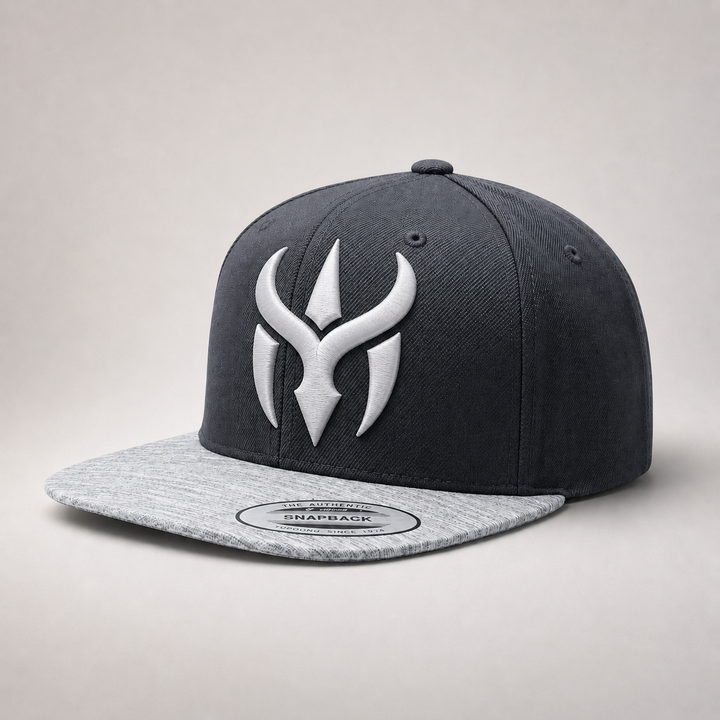 ⚡🌫️ Ash Crest – Crimson Horn Crest · White 3D puff · Charcoal &amp; Heather Grey Snapback | Hand Finished in Dubai | EmbroMania