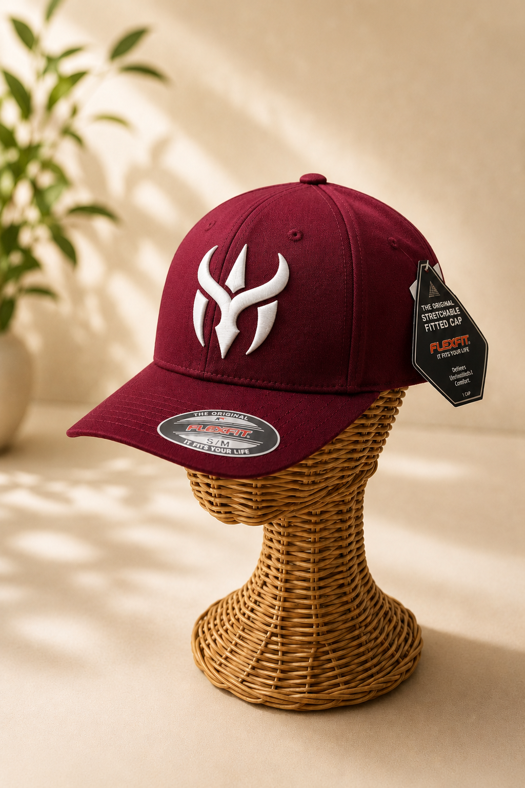 🍷⚡ Crimson Reign – Crimson Horn Crest · White 3D puff · Burgundy Flexfit Curved | Hand Finished in Dubai | EmbroMania