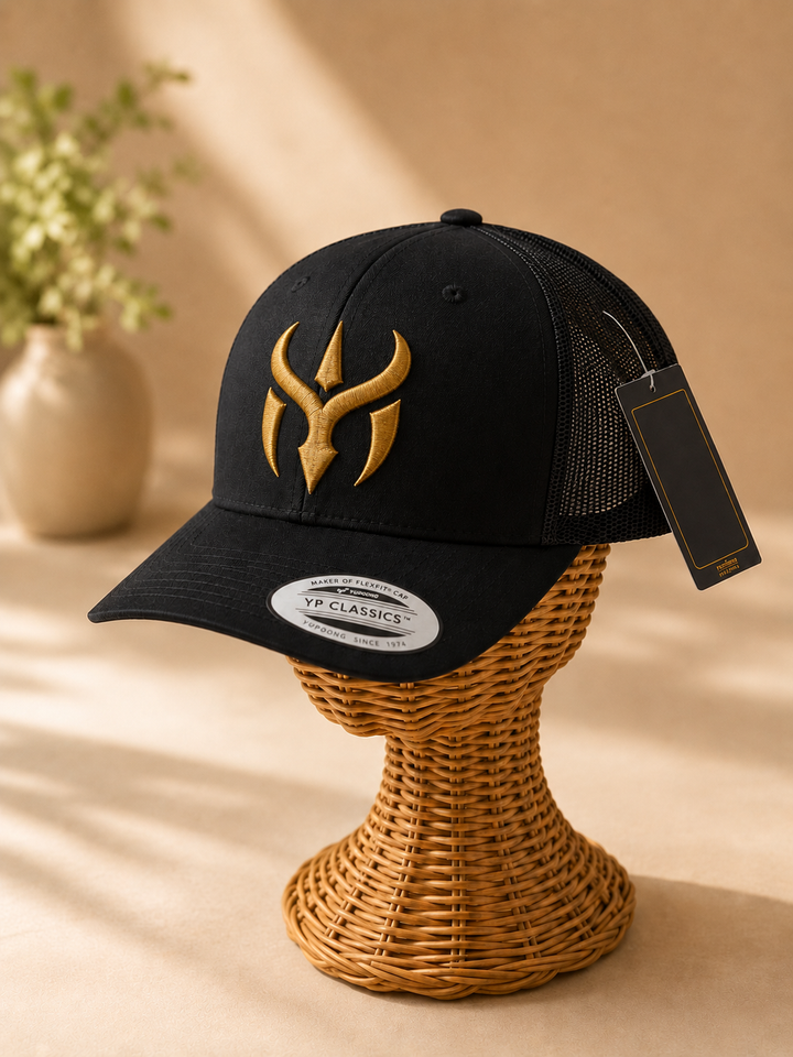 ✨🖤 Dark Sovereign – Crimson Horn Crest · Gold 3D puff · Black Curved Trucker | Hand Finished in Dubai | EmbroMania