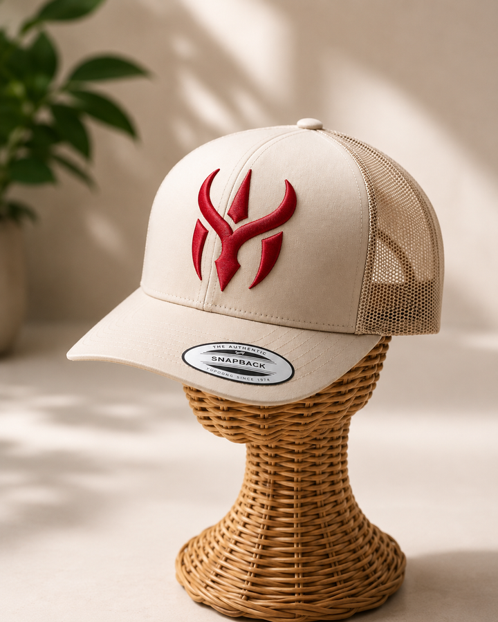🏜️🔴 Desert Horn – Crimson Horn Crest · Red 3D puff · Sand Beige Retro Trucker | Hand Finished in Dubai | EmbroMania