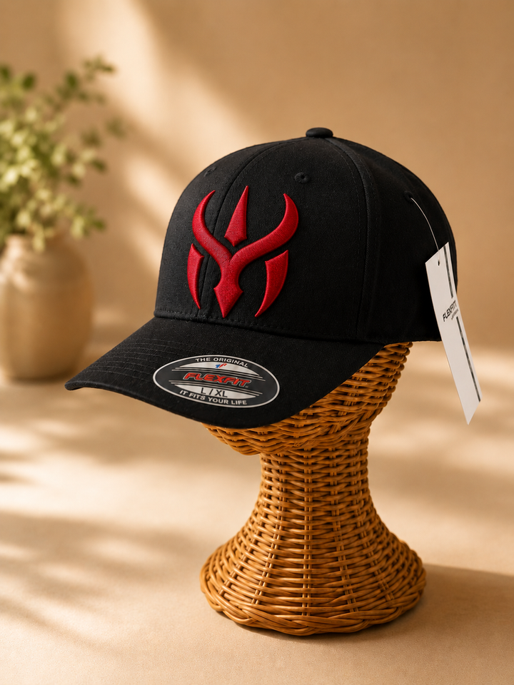 🔴🖤 Horn Blaze – Crimson Horn Crest · Red 3D puff · Black Solid Flexfit | Hand Finished in Dubai | EmbroMania