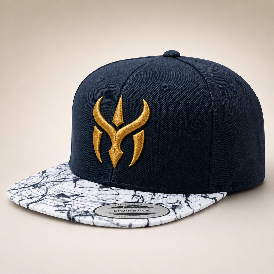 🌊✨ Marble Sovereign – Crimson Horn Crest · Gold 3D puff · Navy Crown &amp; Marble Brim Snapback | Hand Finished in Dubai | EmbroMania