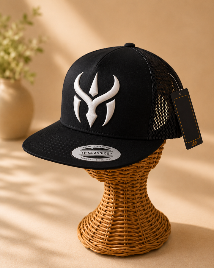🖤⚡ Midnight Horn – Crimson Horn Crest · White 3D puff · Black Flat Trucker | Hand Finished in Dubai | EmbroMania