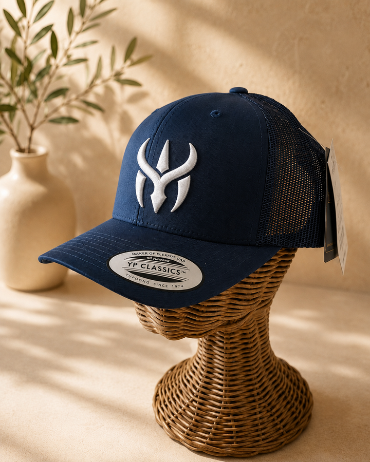 ⚡🌊 Navy Crest – Crimson Horn Crest · White 3D puff · Dark Navy Curved Trucker | Hand Finished in Dubai | EmbroMania