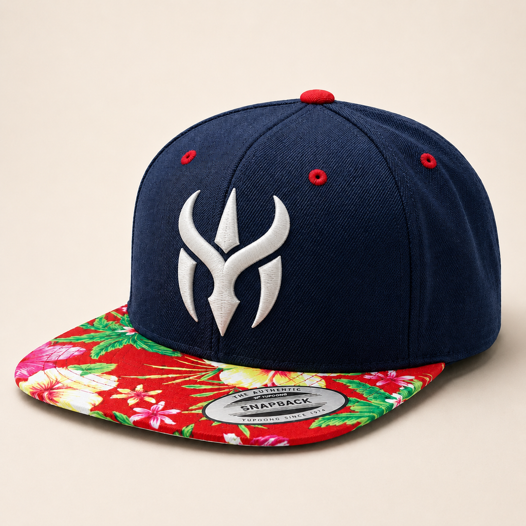 🌺⚡ Tropic Horn – Crimson Horn Crest · White 3D puff · Navy Crown &amp; Tropical Floral Brim | Hand Finished in Dubai | EmbroMania