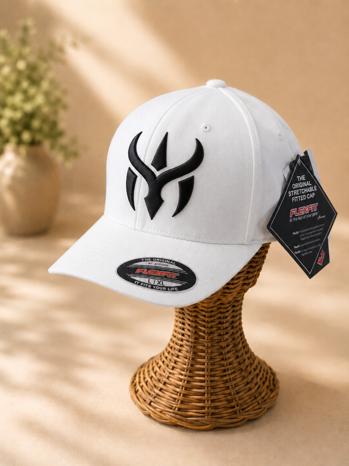 ☁️🖤 White Crest – Crimson Horn Crest · Black 3D puff · White Solid Flexfit | Hand Finished in Dubai | EmbroMania