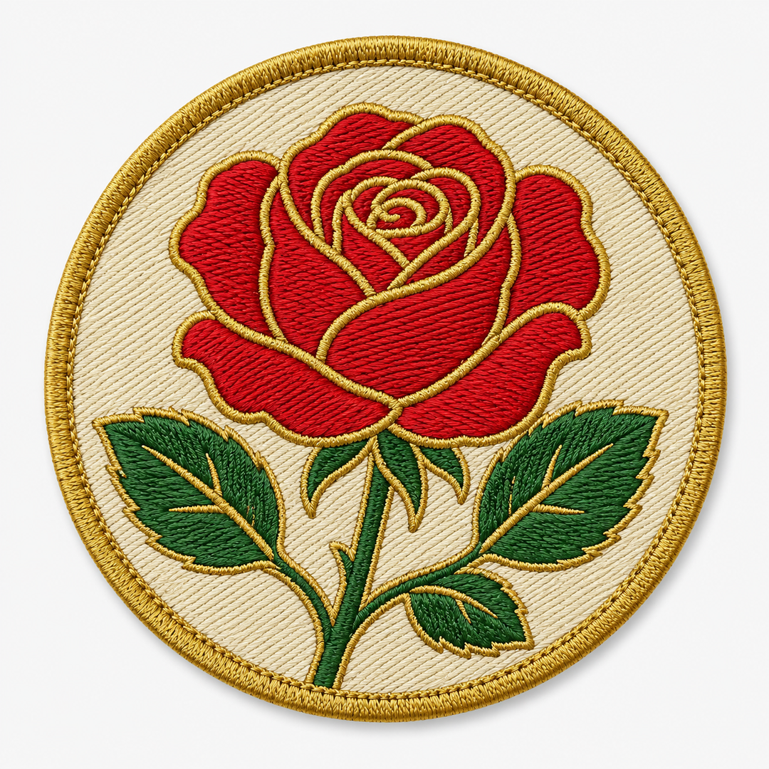 Crimson Rose Bloom embroidery patch featuring a single open rose in flat red and green | Hand Finished in Dubai | EmbroMania