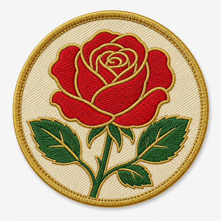 Crimson Rose Bloom embroidery patch featuring a single open rose in flat red and green | Hand Finished in Dubai | EmbroMania